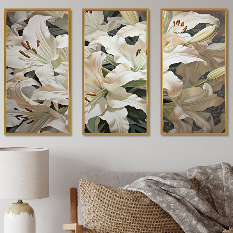 «White Lilies In Bloom Beauty III», ensemble d'art sur toile, Cadre flottant doré, H 32 po x l 48 po x P 1 po