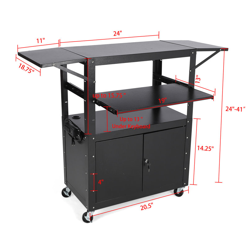 Armoire verrouillable à hauteur réglable pour chariot AV mobile et plateau à clavier, poste de travail multimédia roulant pour le bureau et la maison, avec cadre d'extension