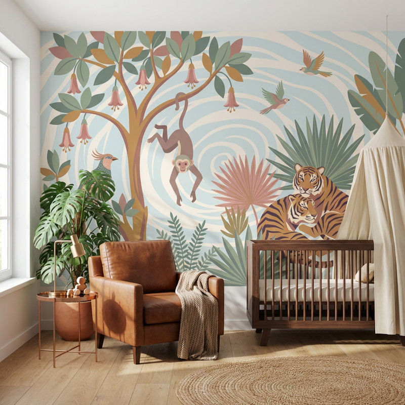 Papier peint animaux de la jungle, 100 po x 96 po, Peler et coller