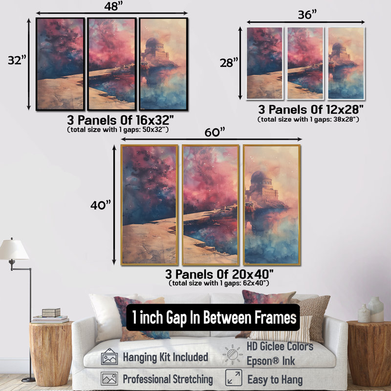 Rose, bleu, été, astral, observatoires I - ensemble d'art mural, H 28 po x l 36 po x P 1 po, Toile encadrée flottée blanche