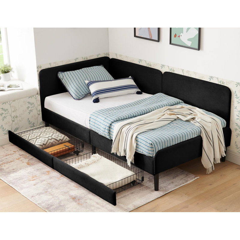 Canapé-lit ajustable en velours pour petits espaces, structure de lit plateforme tapissier simple avec 2 tiroirs de rangement
