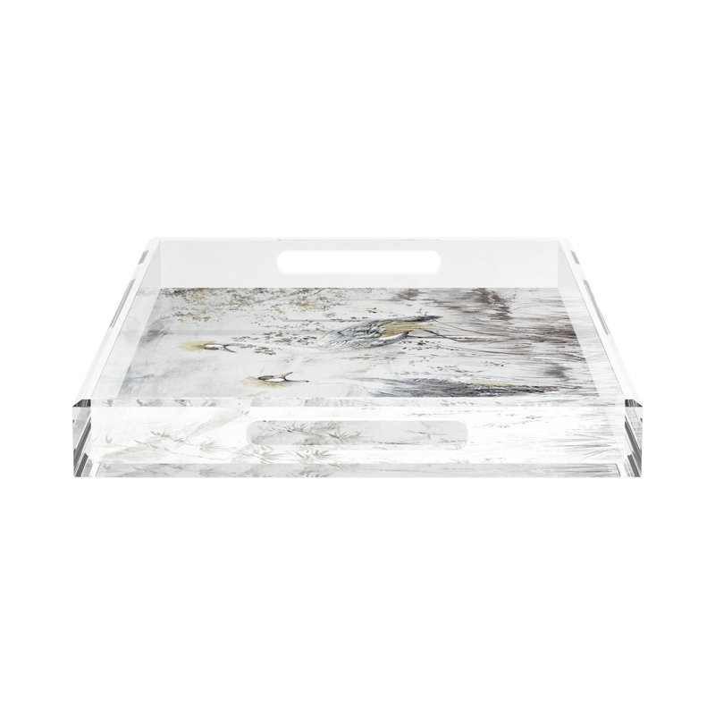 Crested Crane Silver Gold Acrylic Rectangle Decorative Tray, 22.5"W x 14.5"D x 2"H