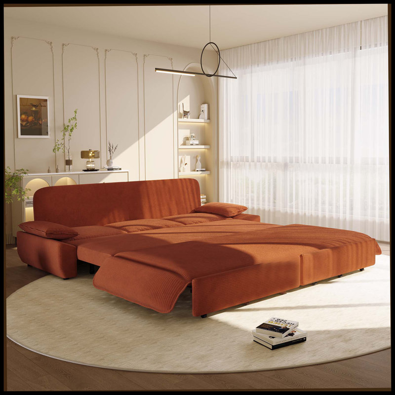 94.5" King Size Pull Out Sofa Bed,3-In-1 Convertible Sleeper Sofa,Multi-Functional Corduroy  Bed,Orange, Orange