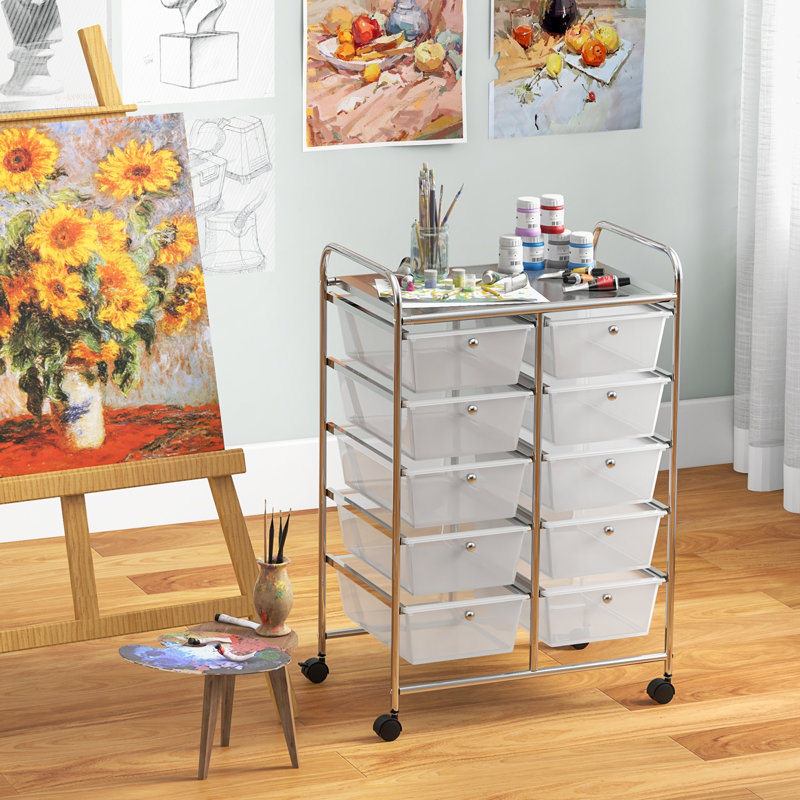 Nally 10 Drawer Storage Drawer with Locking Wheels, Clear/Silver