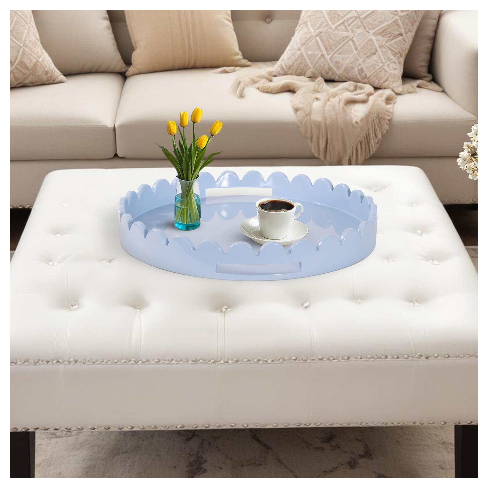 Effa Hand-Crafted Round Scalloped Wood Tray, Blue Gray