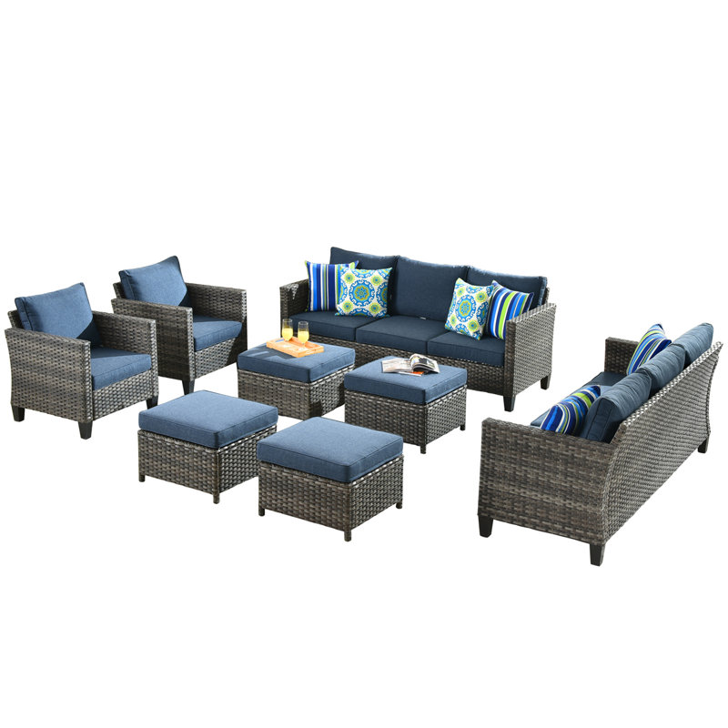 Kaniha Premium All-Weather Wicker 8 - Person Patio Conversation Set with Cushions, Denim Blue