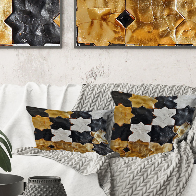 Coussin décoratif à carreaux marocains noirs et or I, H 16 po x l 16 po
