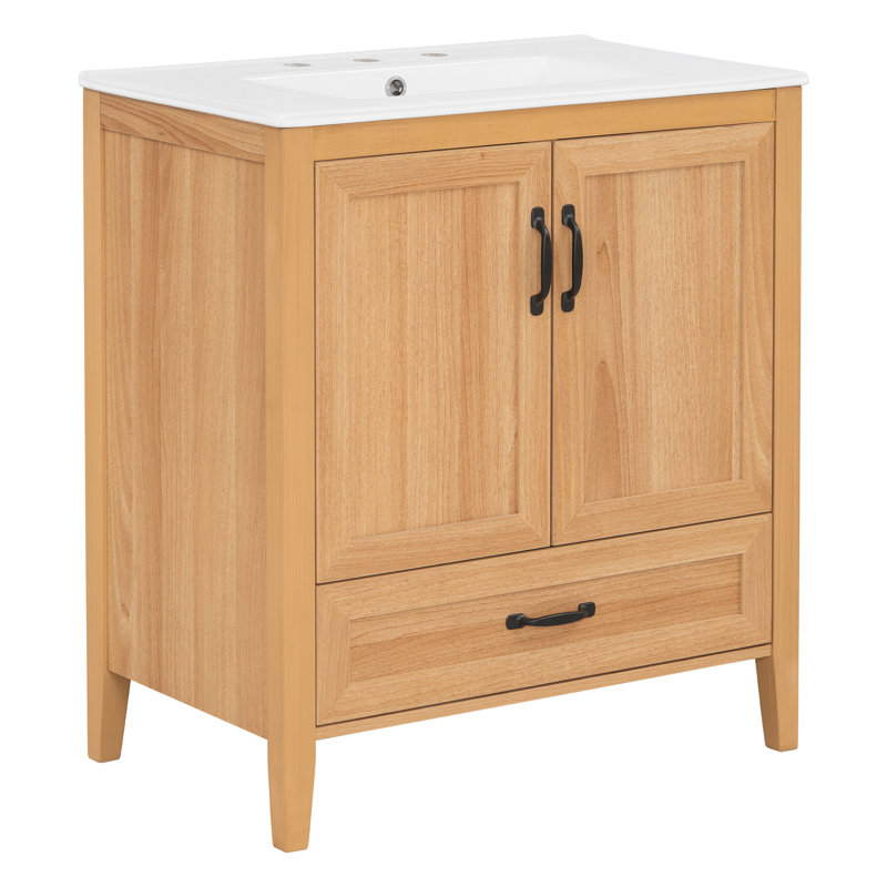 Meuble-lavabo de 30 po avec comptoir en céramique, pieds en bois massif avec tiroir inférieur à fermeture en douceur et supports de porte intégrés, grain de bois naturel