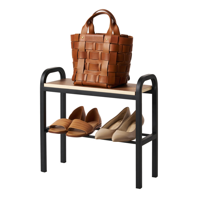 Black Metal and Wood Stackable Shoe Organizer Bench