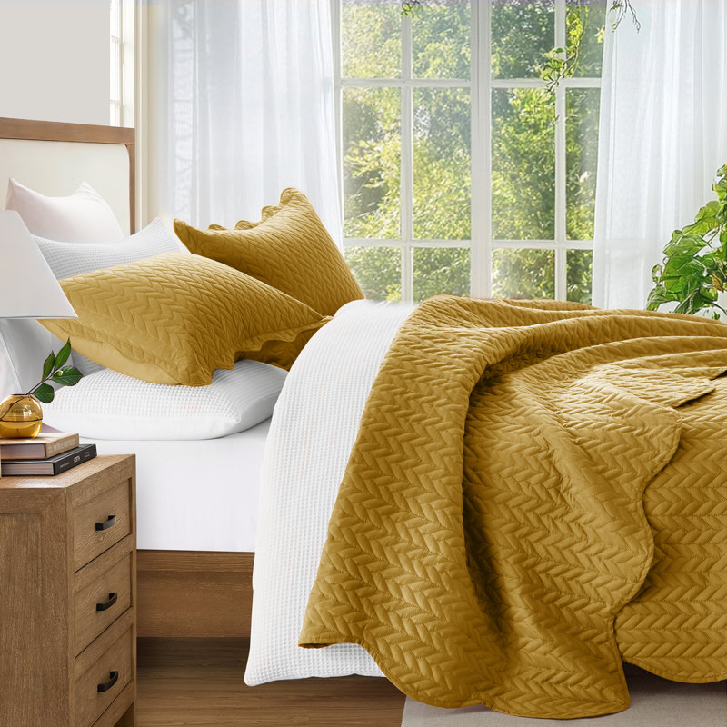 Ensemble de couvre-lit en microfibre embossée - Ensemble de literie moderne et léger avec taies décoratives, Ocre