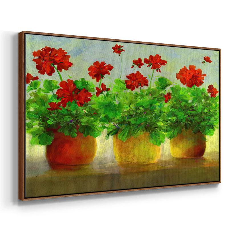 Geraniums III, reproduction d'art sur toile, H 17 po x l 25 po x P 2 po, Cadre noyer