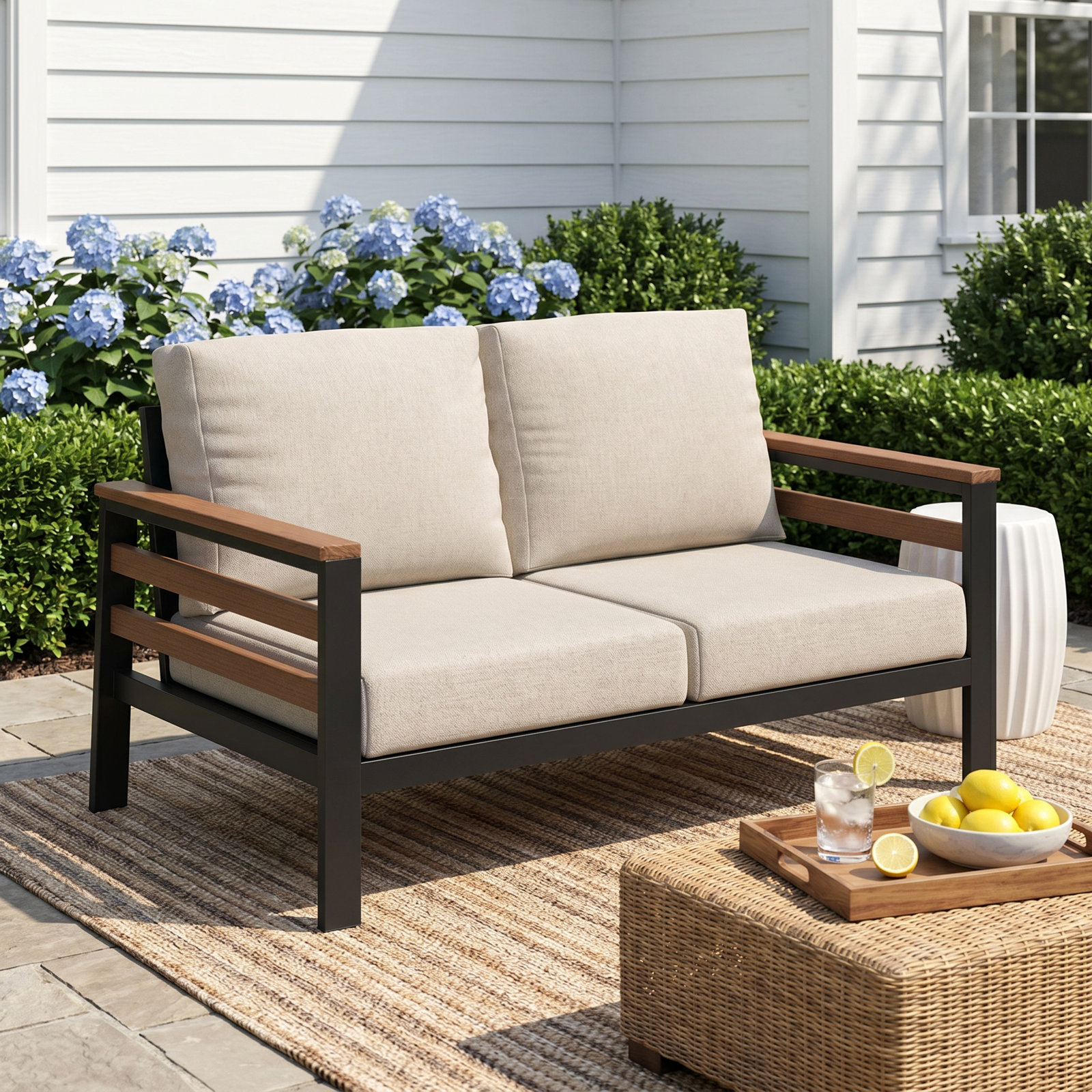 Townsend 55" Sunbrella® Patio Loveseat, Cast Silver Sunbrella®, Brown/Dark Gray