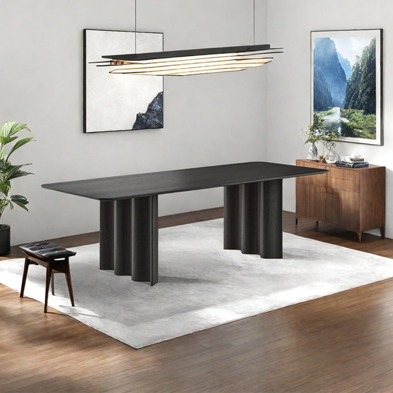 Ash wave-shaped legs dining table, 29.53"H x 78.74"L x 37.4"W, Black