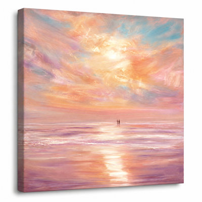 Pink Orange Sunset Ocean Square Canvas Wall Art, Modern Coastal Seascape Painting