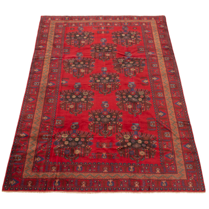 Tapis unique en laine noué à la main rouge Rizbaft 6 pi 7 po x 9 pi 7 po Pinckard