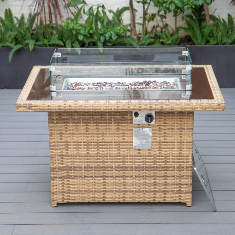 Nashia 44" Rectangular Propane Fire Pit Table - 55,000 BTU Outdoor Gas Fireplace - Wicker Frame, Glass Shield & Matching Lid