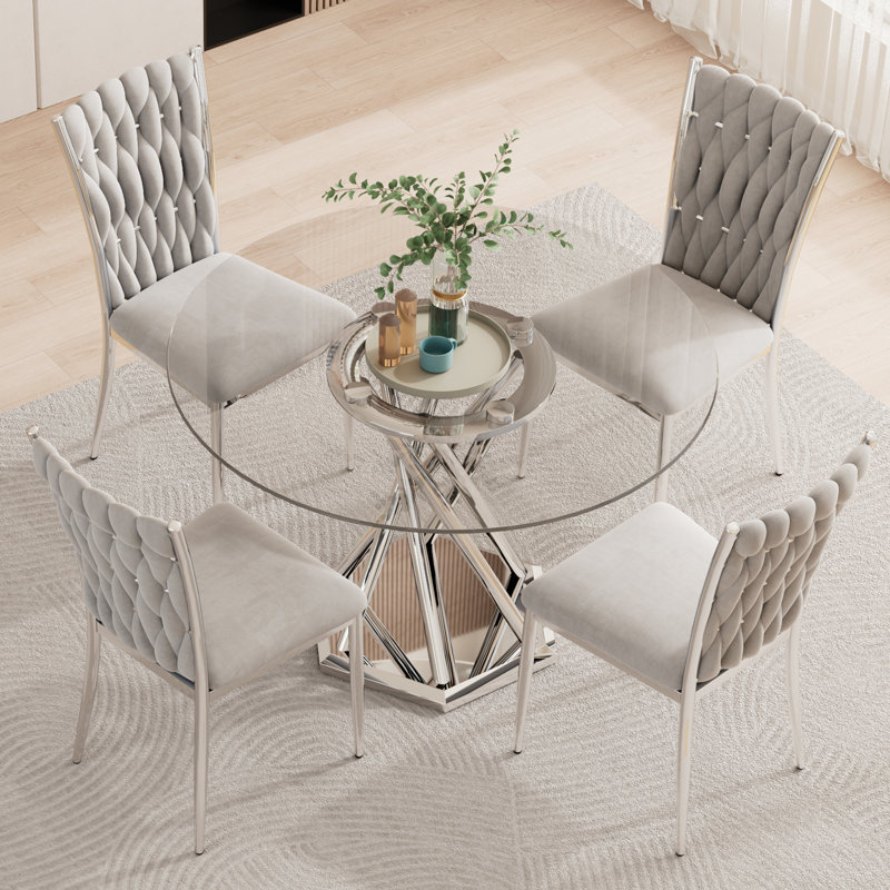 47.2" Dining Table Set for 4, Modern Round Glass Dining Table Set With 4 Upholstered Chairs, for Dining, Kitchen, Silver