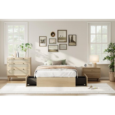 Twin Size Wooden Low Profile Bed Frame with 2 Storage Drawers, No Headboard, Wood Slat Support, Noise Free, Natural Oak