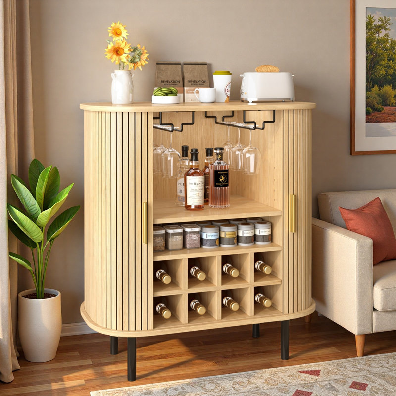 Fluted Wine Bar Cabinet With 8-grid Wine Rack, 5-level Adjustable Shelves, 2 Glass Holders, 4 Hidden Storage Space And Sliding Doors