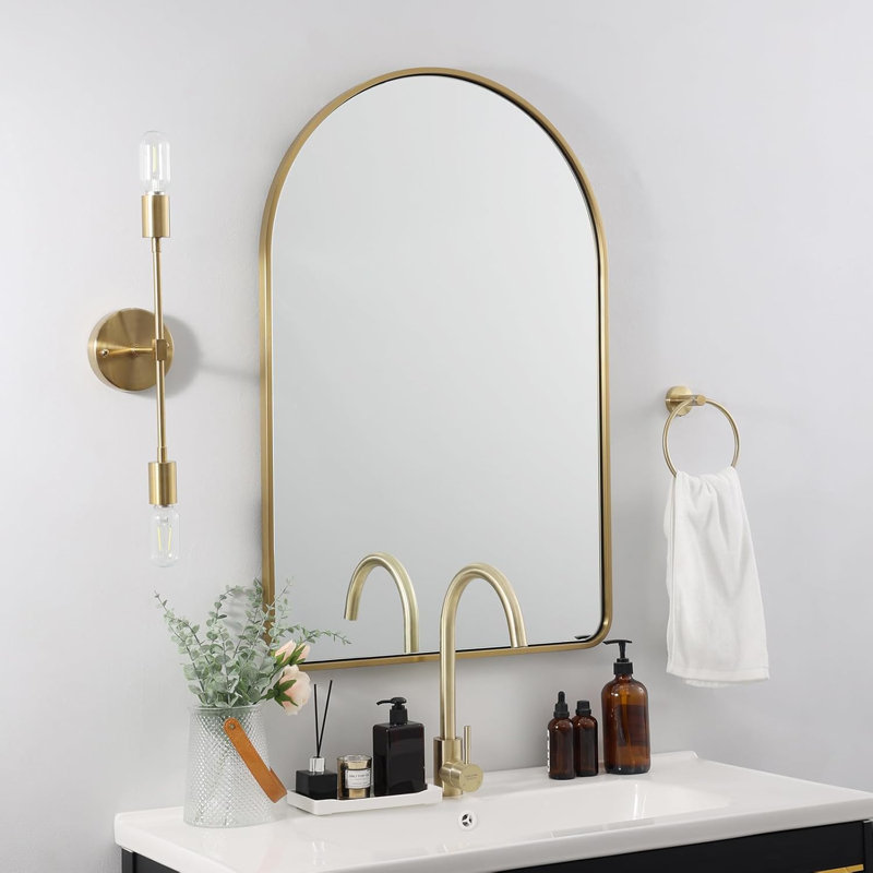 Miroir de salle de bain Malisa Cadre épais en acier inoxydable, 36 po x 24 po, Or brossé
