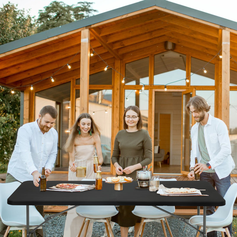 8ft Black Plastic Folding Table with Steel Legs and Handle