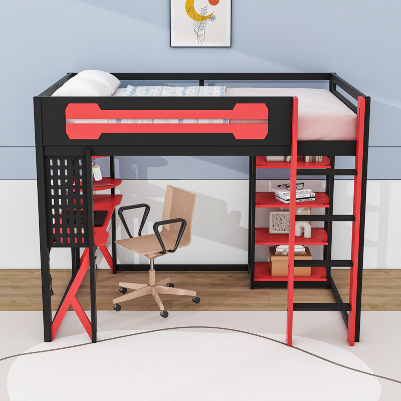 Lit mezzanine double avec bureau, lumière DEL RVB, station de charge, tablettes et panneau perforé, Noir / Rouge