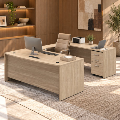 Bureau double caisson en L 71 po avec caisson classeur verrouillable à 3 tiroirs, poste de travail en L pour la maison et le bureau