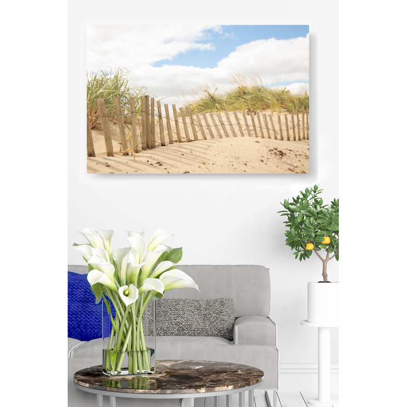 Sandy Beach Fence Line, herbes hautes, brun clair, bleu, nuages, H 24 po x l 36 po x P 1,5 po
