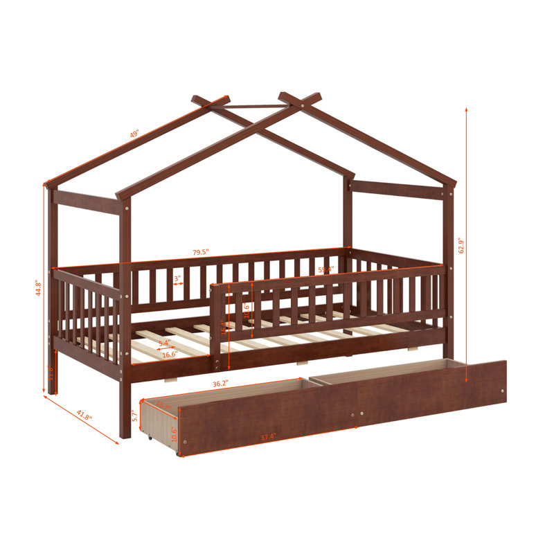 Lit simple en bois avec tiroirs, Noyer
