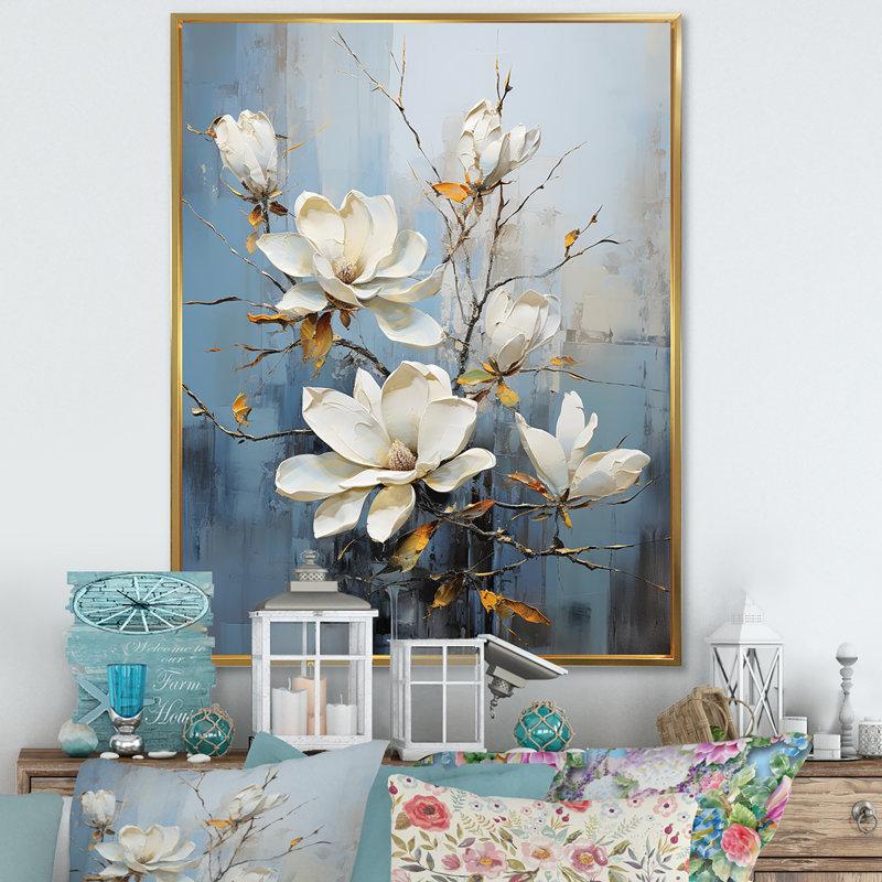«Magnolias Bloom In White V», reproduction sur toile, Cadre flottant doré, H 20 po x l 12 po x P 1 po