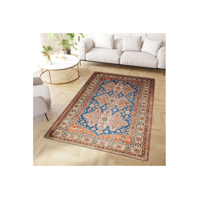 Tapis orange lavable à la machine à motif tissé orange et bleu, Rectangle 3 pi 3 po x 4 pi 11 po