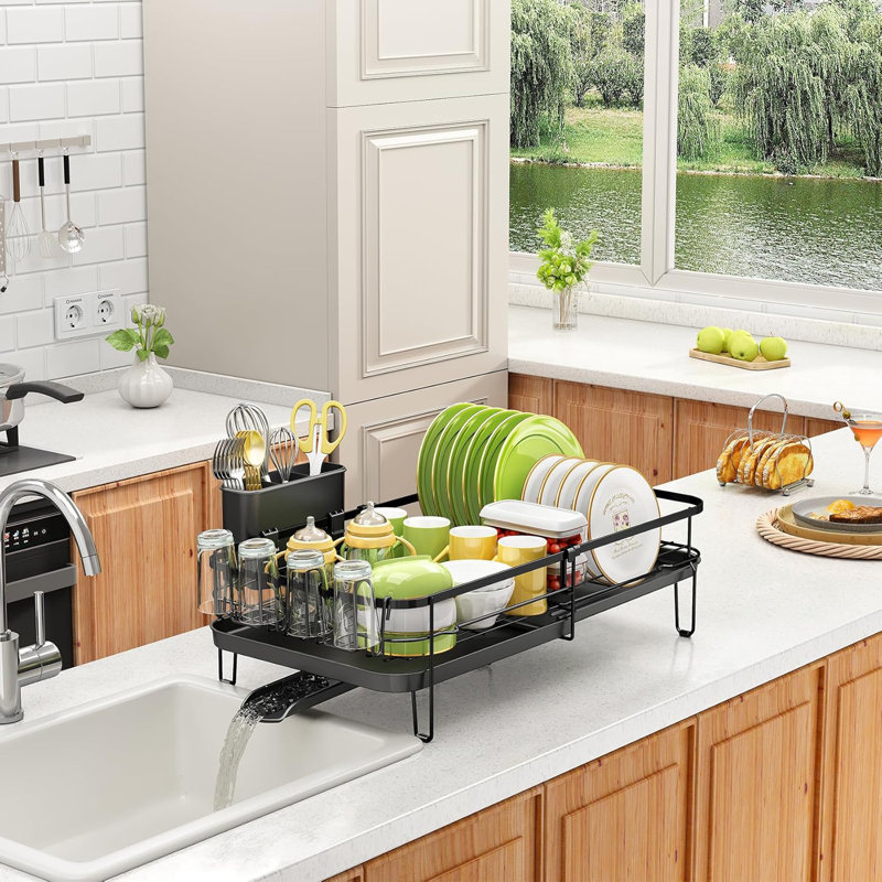Expandable Stainless Steel Dish Drying Rack With Utensil And Cup Holders For Kitchen Counter
