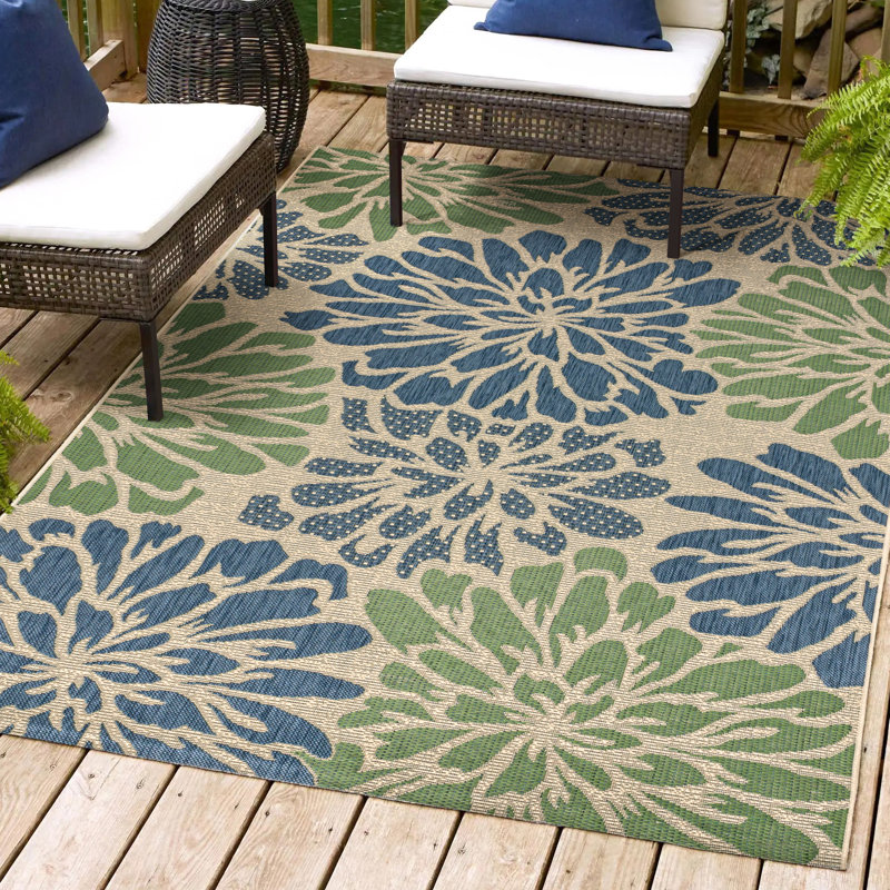 Hagy Modern Floral Textured Weave Navy/Green Indoor/Outdoor Rug, Rectangle 3'11" x 6'
