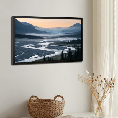 Toile noire encadrée en bois noir pour le salon, la chambre à coucher, le bureau ou le vestibule - décoration murale décorative avec rivière de montagne