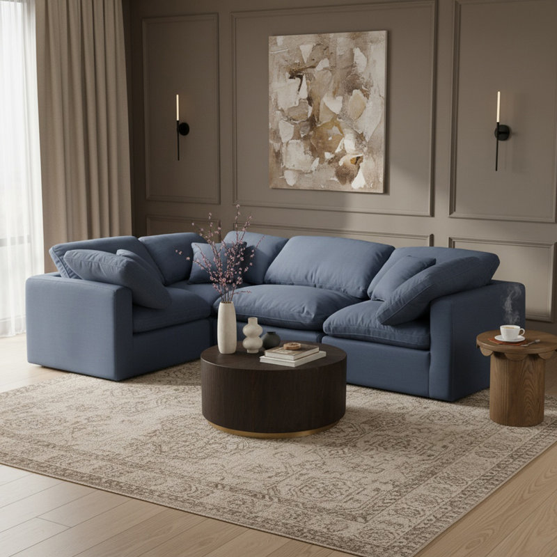 Canapé modulaire de coin rembourré 4 pièces Itala, Tissu texturé en lin bleu marine