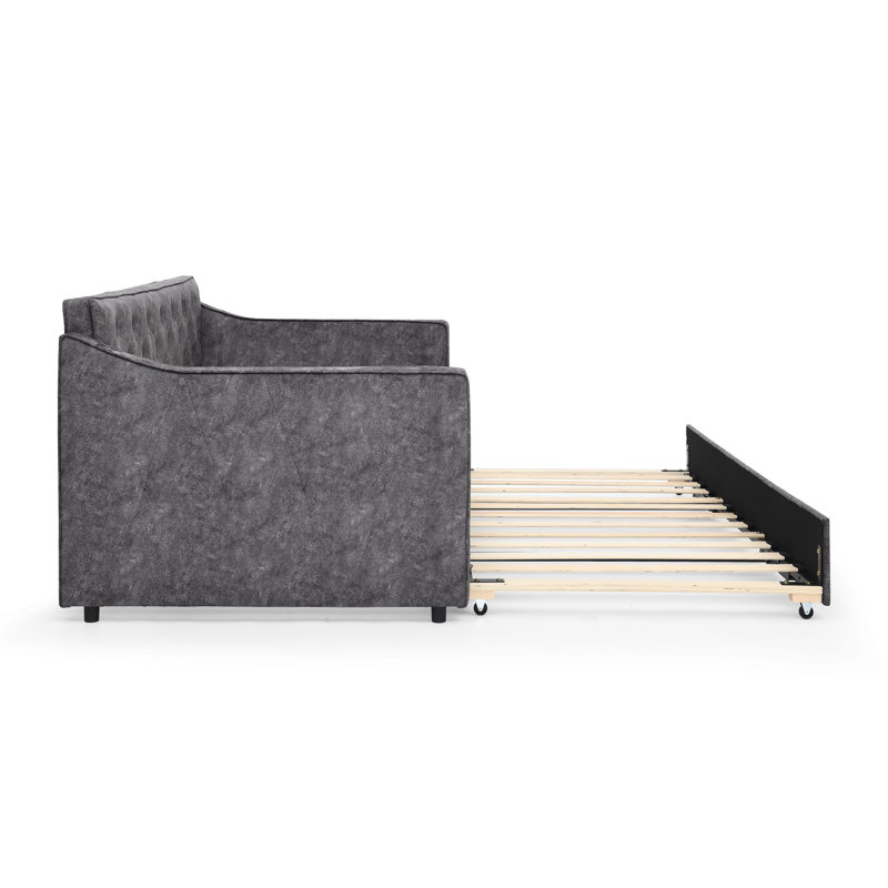 Twin Size Upholstered Daybed with Pop-up Trundle and USB Charging, Grey, Gray