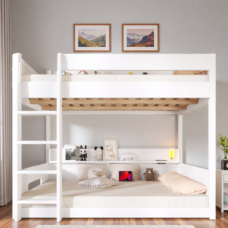 Lit superposé avec tablettes de rangement, ports USB et barrières de sécurité, Blanc / Blanc
