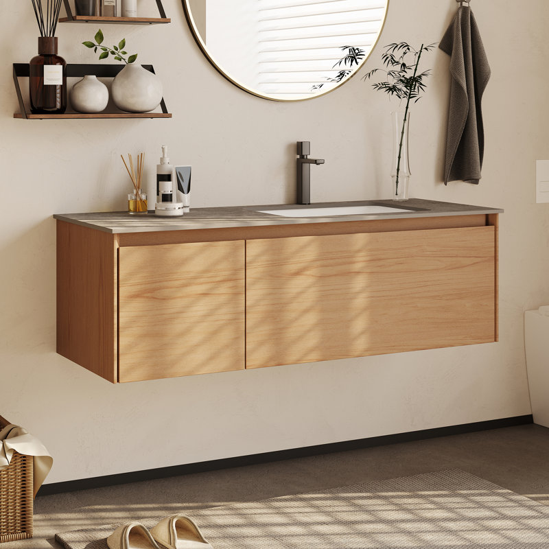 Meuble-lavabo simple 48 po avec lavabo en céramique, armoire de rangement avec tiroirs véritables et drain inclus - bois massif multi-couches, meuble noyer cannelle, meubles-lavabos à dessus en pierre grise