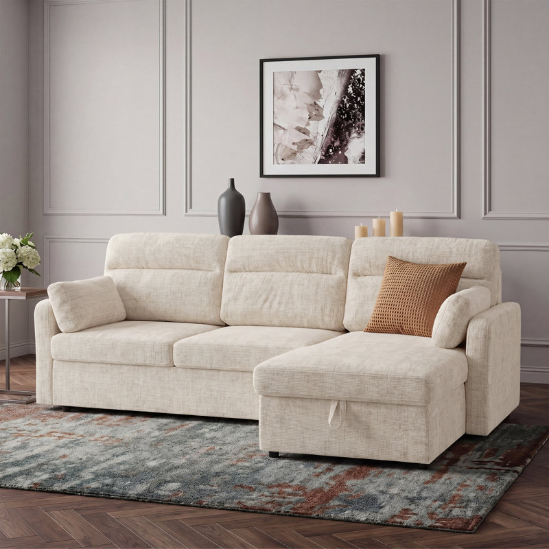 Canapé-lit modulaire en L convertible en L 91 po avec deux coussins de rangement, Chenille beige