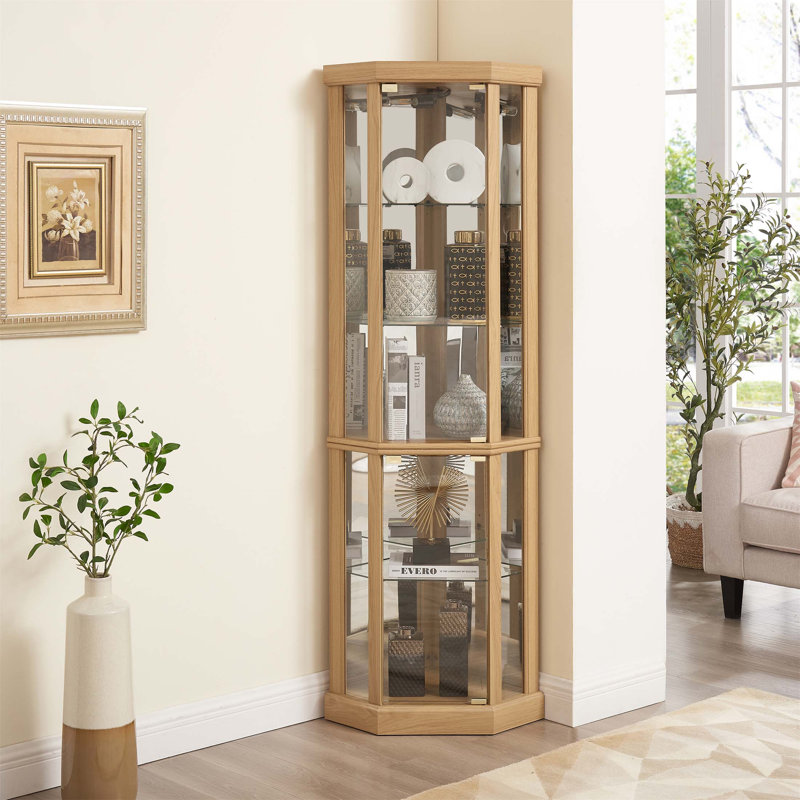Lighted Corner Curio Cabinet - Elegant Glass Display Case For Living Room & Bar Storage,  For Collections & Wine With Built-In Lighting