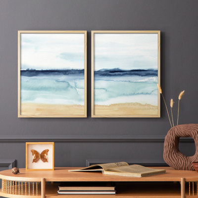 «Watercolor Ocean Horizon I», reproduction encadrée de qualité supérieure - prête à être accrochée - aucun clou requis - aucun clou requis