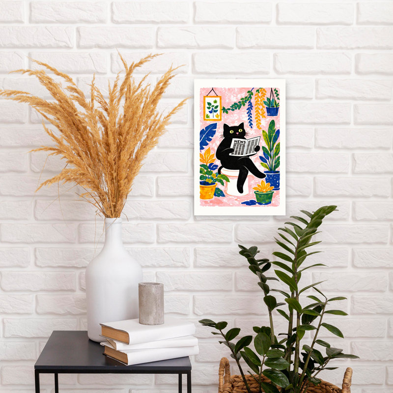 Whimsical Cat Reading News Playful Whimsical Contemporary Cat Plant Wall Art Print 1 Piece Wrapped Canvas Wall Art