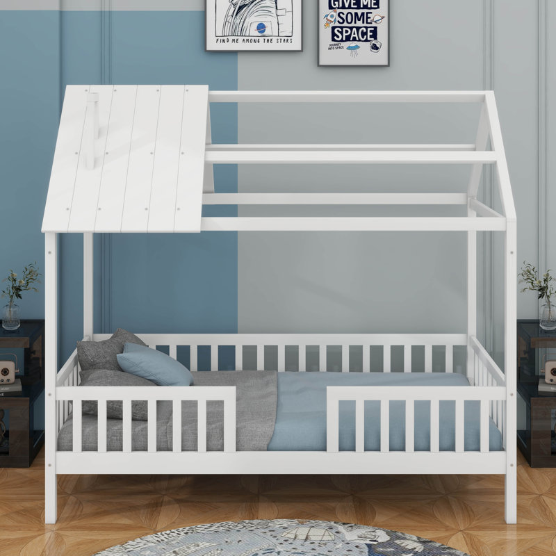 Lit simple en bois avec clôture, Blanc