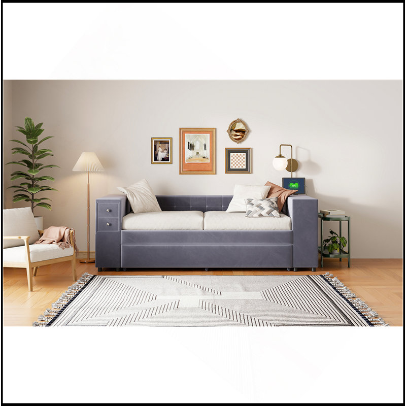 Lit simple tapissier avec rangement et lit gigogne simple, ports de chargement USB, velours français