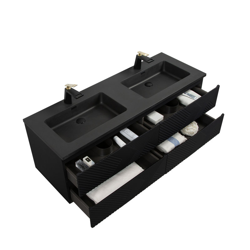 Georgiane 72 po L x 21 po P 4 tiroirs Meuble-lavabo mural avec évier double et Comptoir en Quartz noir