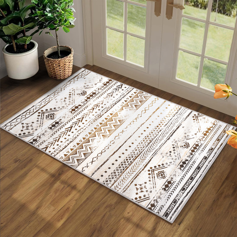 Machine Washable Boho Vintage Printed Area Rug Stylish Indoor Non Slip Stain Resistant Easy To Clean Ultra Thin Non Shedding Pet Friendly Foldable Decorative Throw Rug With Bordered Design
