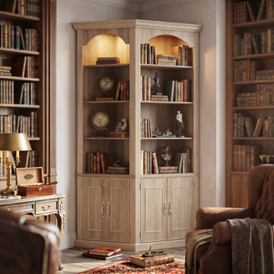 Busby 90.3'' Tall Corner Bookcase With Cabinet Doors, 2 Top Spotlights And 3-Color Lighting