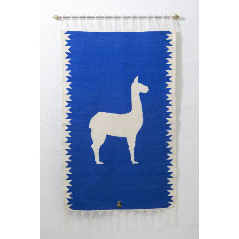 Llama Sheep Wool Handwoven Tapestry, Aged Bronze Wall Mount, Terracota, Lapis Blue