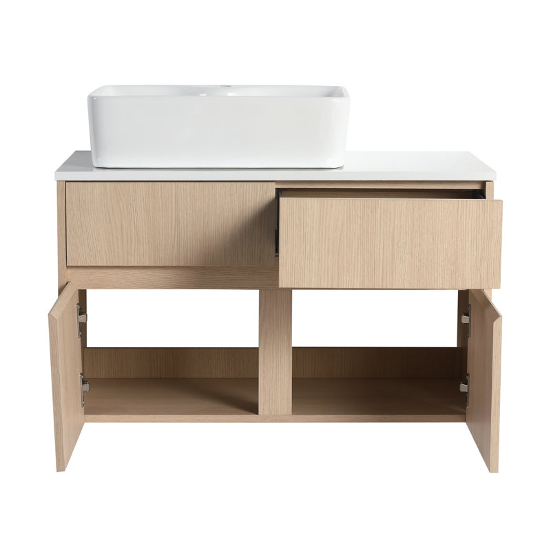 Meuble-lavabo mural 32 po avec lavabo en céramique, 2 portes à fermeture douce et 1 tiroir, Beige