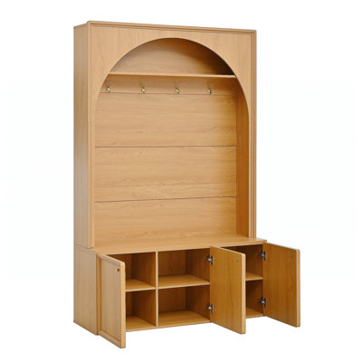 Farmhouse All-In-One Hall Tree With Adjustable Shelves, Retro Arched Entryway Storage Bench With 3 Cabinets, Wooden Coat Rack Organizer With 4 Golden Hooks For Mudroom, Hallway